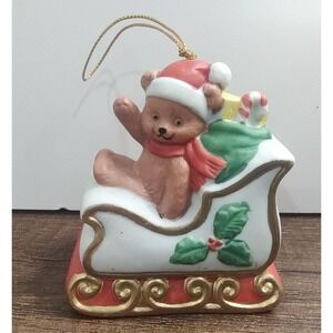 Teddy Bear Santa Sleigh Vintage Bell Ornament J.S.N.Y Philippines B8